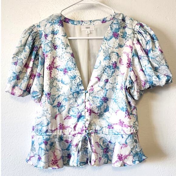 RAHI Floral Pouf V-Neck Button Up Top Blouse Light Blue Small - Picture 3 of 9